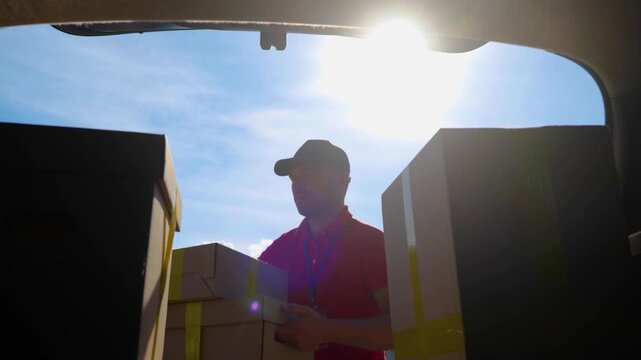 Many parcels in trunk hatchback car while young courier driver in cap unloading cardboard boxes. Parcel delivery, service concept. Real time