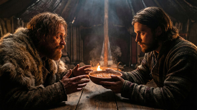 Biblical scene: Esau trades his birthright to Jacob (the future Patriarch of Israel) for red lentil stew, cinematic lighting in ancient tent.