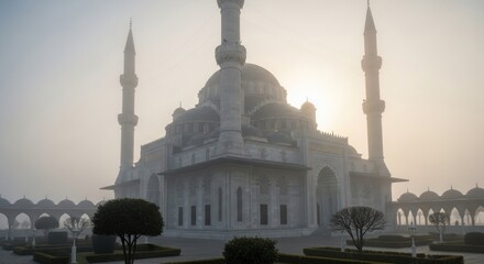 Obraz premium Mausoleum in Fog, Sunlight, Architectural Landmark, Spiritual Place