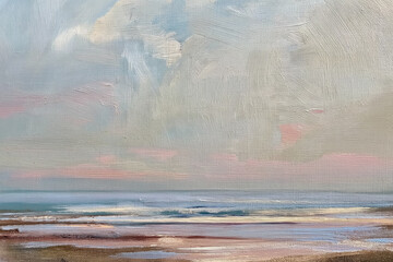 Naklejka premium Abstract seascape painting capturing soft pastel clouds over a calm ocean beach at twilight, peaceful horizon