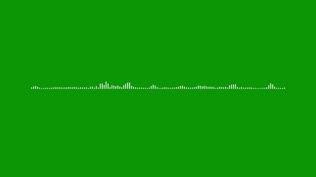 Smooth white audio line, sound spectrum animation, chroma key green screen, 4k music visualizer, digital equalizer motion, voice frequency signal, rhythmic wave patterns design.