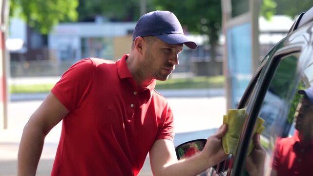 Man wiping car window with a rag at a self-service car wash. Polished car with hard wax. Personal car care, self service, cleaning outside concept. Real time