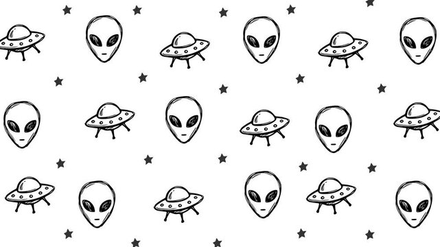 Cartoon Doodle Alien and UFO Pattern, Hand Drawn Space Icons with Vortex Animation on White Background, Motion Graphics Seamless Loop, 4K