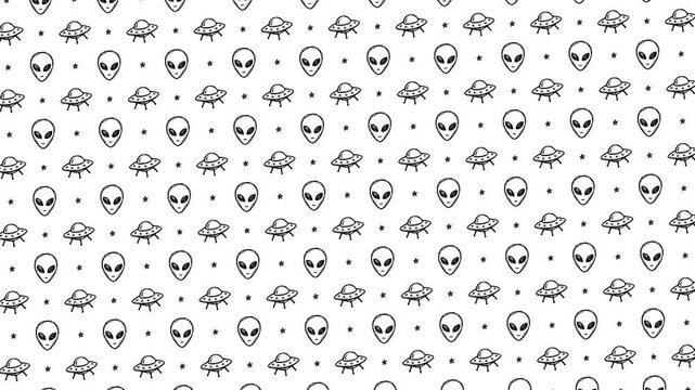 Cartoon Doodle Alien and UFO Pattern, Hand Drawn Space Icons with Float Animation on White Background, Motion Graphics Seamless Loop, 4K