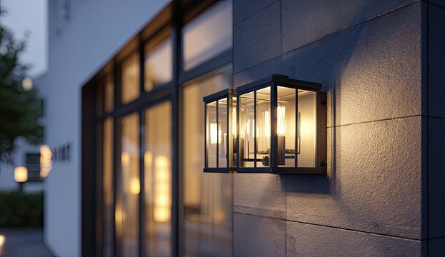 A modern exterior wall sconce illuminates a building facade with warm light, creating a sophisticated and inviting ambiance.