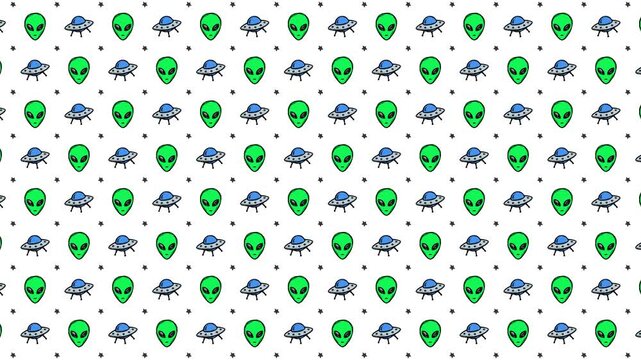 Cartoon Doodle Alien and UFO Pattern, Hand Drawn Space Icons Moving Right with Jelly Animation on White Background, Motion Graphics Seamless Loop, 4K
