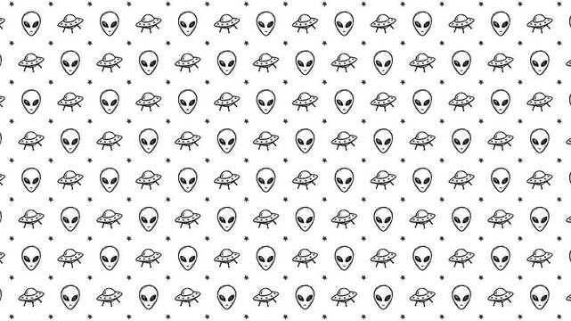 Cartoon Doodle Alien and UFO Pattern, Hand Drawn Space Icons Scrolling with Jelly Animation on White Background, Motion Graphics Seamless Loop, 4K