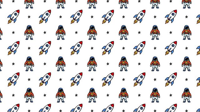 Cartoon Doodle Astronaut and Rocket Pattern, Hand Drawn Space Icons Moving Right with Vortex Animation on White Background, Motion Graphics Seamless Loop, 4K