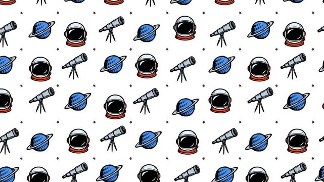 Cartoon Doodle Astronaut Helmet Telescope and Planet Pattern, Hand Drawn Space Icons Moving Up with Float Animation on White Background, Motion Graphics Seamless Loop, 4K