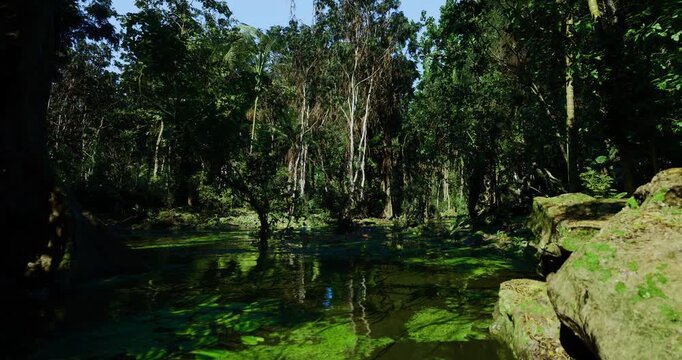Low light mangrove with hanging vines and dusky shadows, cypress trunks rising from murky pools, mist hovering above algaecovered surface, cinematic mood