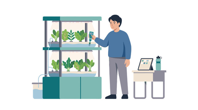 Man monitoring indoor hydroponic vertical garden with pH meter device