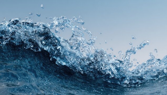 A dynamic close-up captures the intricate details and powerful movement of a wave crashing against a backdrop of a clear, pale blue sky.
