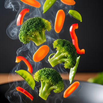A pixelated image of vegetables falling into a pan