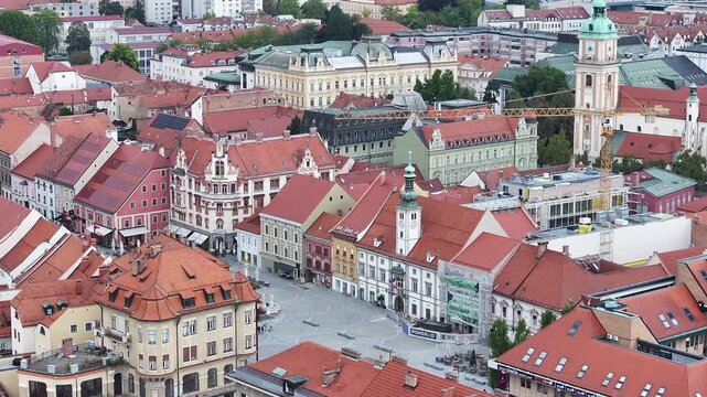 Drone shot of Maribor main square and city streets.