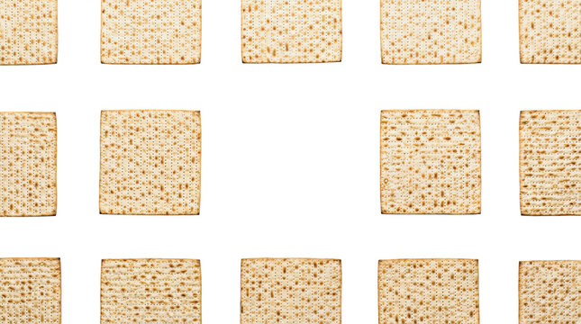 Close up of traditional Jewish unleavened matzah bread squares arranged in a grid pattern on a transparent background
