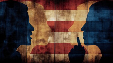 Naklejka premium Two Silhouetted Figures in Conversation Against a Textured American Flag Backdrop