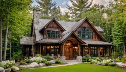 Naklejka premium Rustic Wooden Cabin Lodge Nestled Among Lush Green Trees with Stone Chimney and Inviting Entrance