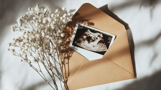 Delicate Ultrasound Photo in Kraft Envelope with Baby's Breath Flowers, Announcing Pregnancy Joy and New Life