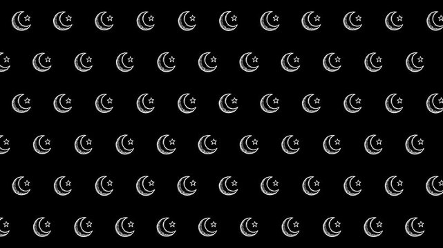 Doodle Crescent Moon and Star Pattern, Hand Drawn Celestial Icons Moving Right with Jelly Animation on Black Background, Motion Graphics Seamless Loop, 4K