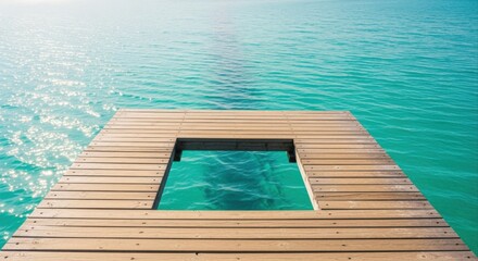 Fototapeta premium Wooden pier overlooking crystal clear turquoise ocean water with sunlight reflections and gentle ripples