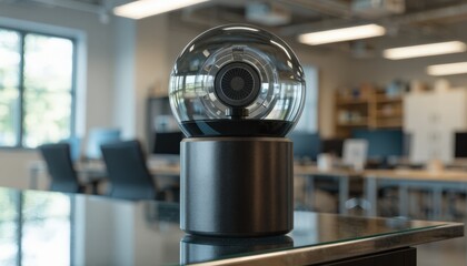 Fototapeta premium Smart smoke alert device in a modern office space sensor crystal clear in the foreground background showing blurred desks and office equipment.