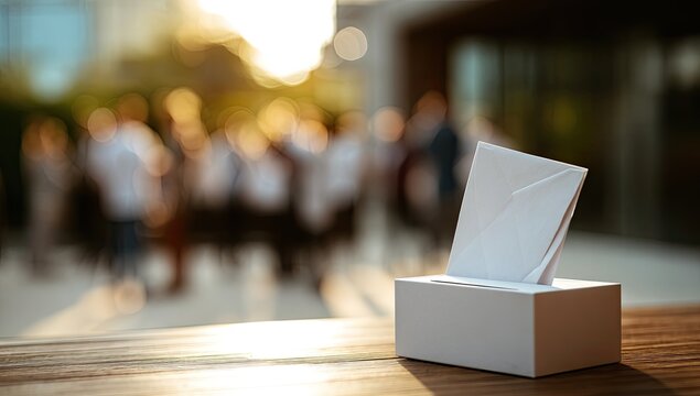 A white ballot box sits on a wooden surface with a blurred crowd of people in the background, suggesting a democratic process or election.