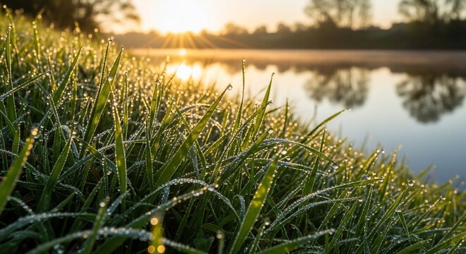Grass sunlight morning dew