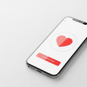 Smartphone screen with heart icon and donate now button on white background