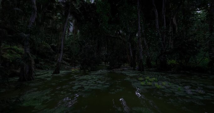 twilight bog with shallow pools and clustered lily pads, dim canopy and quiet water, melancholic mood with moist air and muted color palette for somber nature