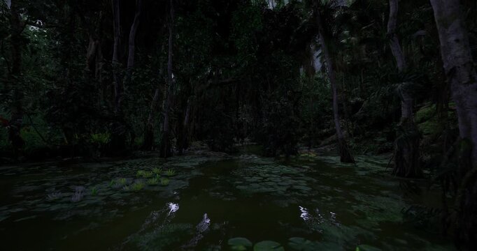 Still bog surface with lily patches and glassy reflection, dense treeline framing shallow water, low light creating deep greens and muted silhouettes, palpable