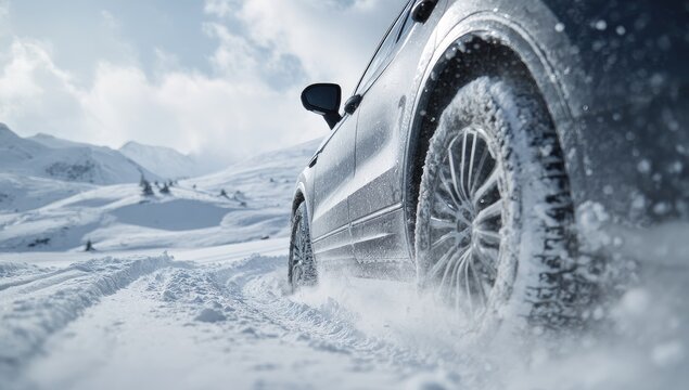 A silver SUV powerfully navigates a snowy mountain path, kicking up a spray of snow as it conquers the challenging terrain.