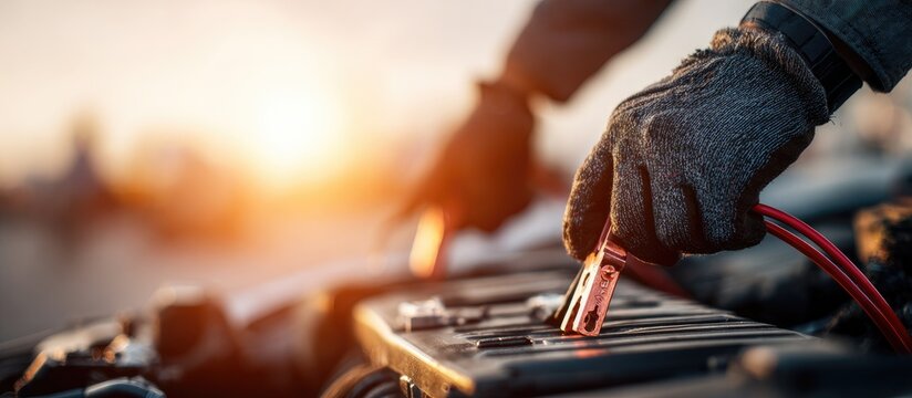 A mechanic connects jumper cables to a car battery during a roadside assistance situation.