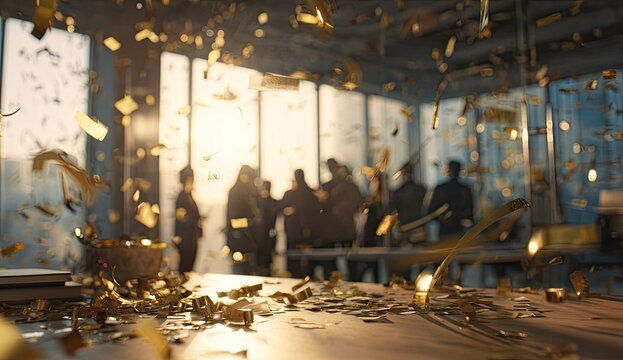 A blurred image depicts a celebratory scene with golden confetti falling amidst silhouetted figures in a bright room.
