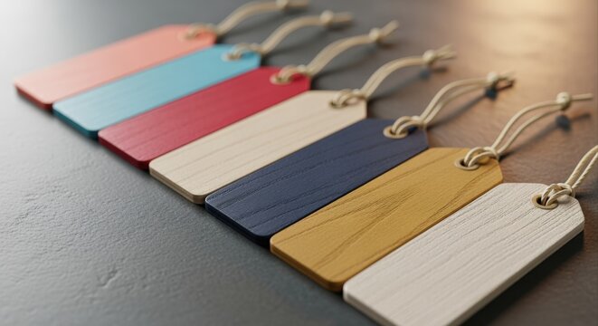 Assortment of Blank Wooden Gift Tags in Various Colors with Twine for Decoration and Pricing