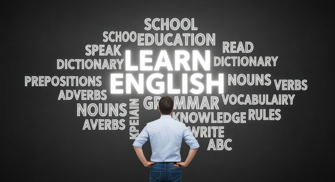 Man Gazes Up at Large Glowing Word Cloud of English Language Learning Concepts