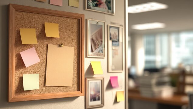 A close-up view of a corkboard adorned with colorful sticky notes and framed photographs, suggesting a creative workspace or personal collection.