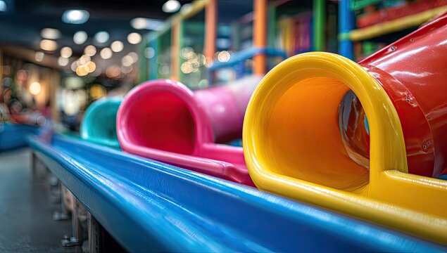 A vibrant and playful indoor amusement park features a series of colorful roller coaster-like slides, creating a dynamic and engaging environment for children and families.