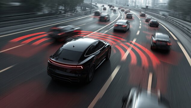 A sleek black car navigates a busy highway, showcasing advanced driver-assistance systems with glowing red sensor displays.