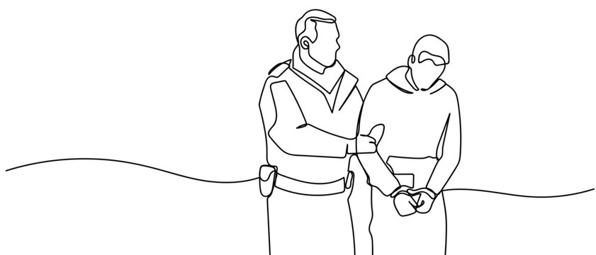 continuous line style Police officers arrested the suspect and handcuffed him. Minimalist vector illustration isolated on white background Editable stroke.