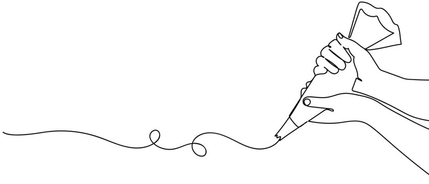 continuous line style The hand is using a piping bag to decorate a cake. Minimalist vector illustration isolated on white background Editable stroke.