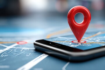 Fototapeta premium Red GPS map pin marker on smartphone screen displaying navigation map, technology concept