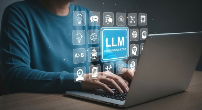 Person using laptop with a glowing digital interface of artificial intelligence, machine learning, and LLM concepts