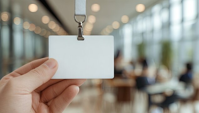 A hand holds a blank white identification badge suspended from a lanyard in a blurred modern building setting, suggesting access or professional identity.