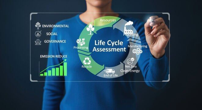 Business professional analyzing a digital infographic of the product life cycle assessment with ESG icons and green growth chart