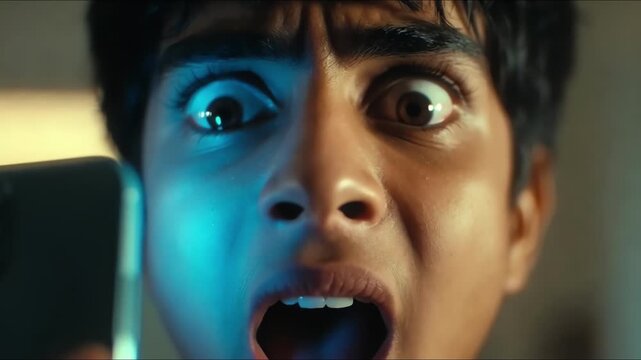 Man looking shocked at phone screen.