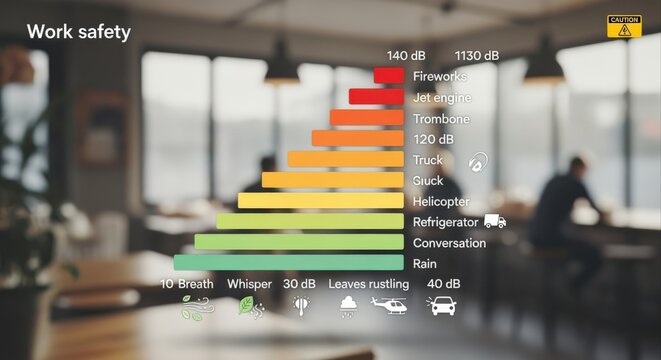 Workplace safety infographic illustrating sound level dangers with decibel chart and icons of potential hazards