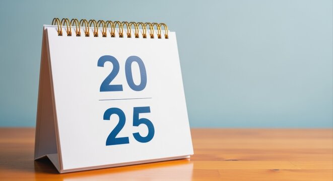 Clean Desktop Calendar Displaying the Year 2025 on a Wooden Surface with a Soft Blue Background