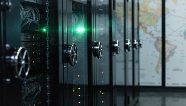 Closeup on secure server racks with blurred international transit maps behind conveying the global custodians role in safeguarding crossborder digital assets.