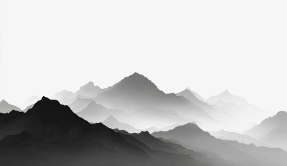 Fototapeta premium A serene grayscale landscape depicts layered mountain ranges fading into a misty horizon.