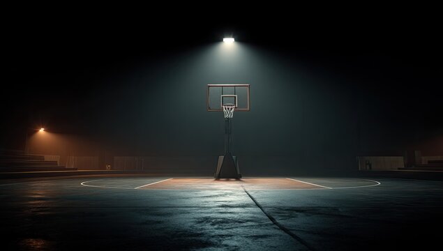 A solitary basketball hoop stands illuminated on an empty, dark court, creating a dramatic and atmospheric scene.